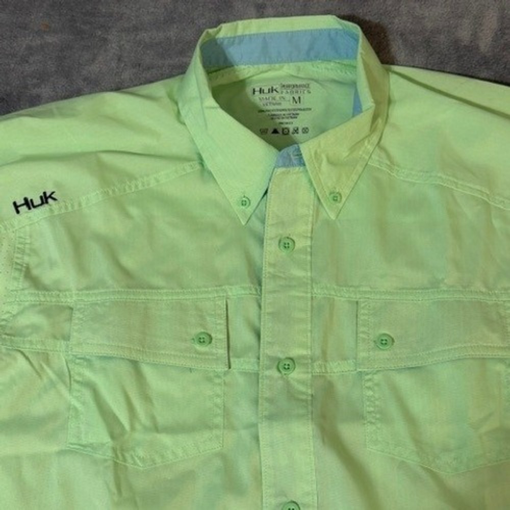 Huk Mens Performance Fishing Shirt Vented L/S Lime Green Button Down Mens Size M